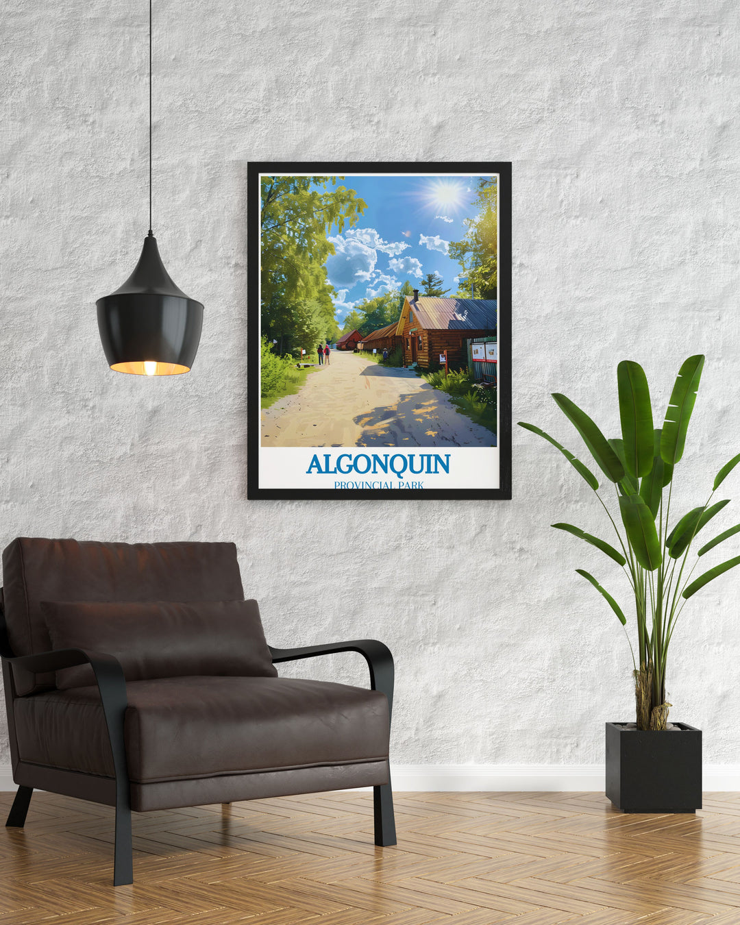 Experience the beauty of Canadas Algonquin Provincial Park with this fine art print, featuring the Algonquin Logging Museum amidst the parks lush greenery and tranquil waters, making it an ideal piece for Canada travel prints.