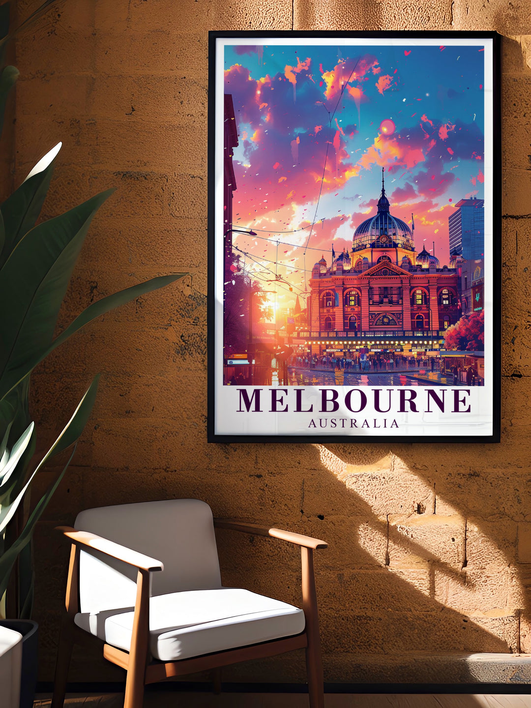 Our Melbourne Poster features the historic Flinders Street Station, showcasing Melbournes blend of architectural beauty and vibrant city life. A perfect piece for home decor enthusiasts and travelers with a love for urban landscapes.