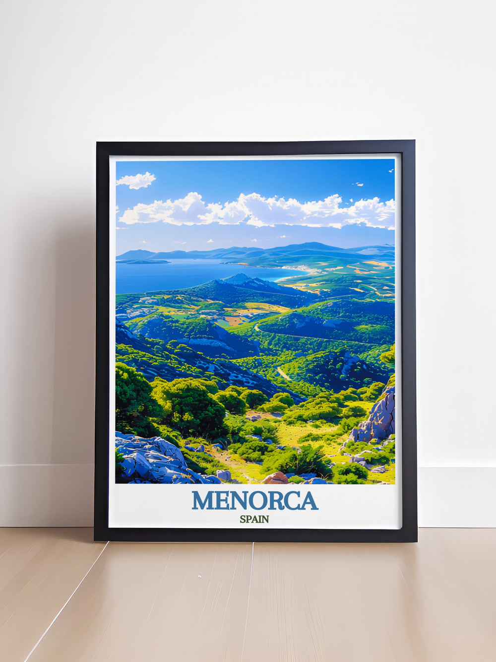 Monte Toro framed print illustrating the majestic landscape of Menorcas highest peak with its expansive views and tranquil environment perfect for enhancing Spain wall decor and adding a touch of natural beauty to your living space with its elegant design.