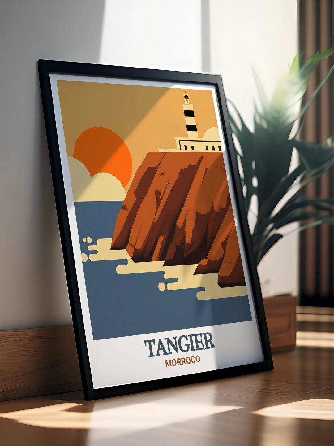 A detailed travel print of Tangiers Cap Spartel in Morocco, featuring the convergence of the Mediterranean and Atlantic. This vibrant wall art is ideal for those who love travel and appreciate the beauty of Moroccan landscapes.