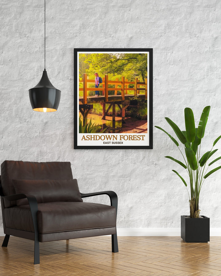 Ashdown Forest Decor featuring Pooh Bridge is perfect for those who love nature this AONB Poster showcases the iconic bridge in a serene setting making it an ideal piece for any room bring the tranquility of the forest into your home with this stunning print