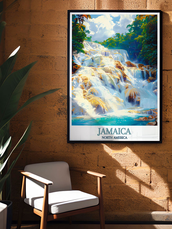 The detailed illustration of Dunns River Falls highlights the natural beauty and vibrant greenery of this iconic Jamaican landmark, perfect for home decor.