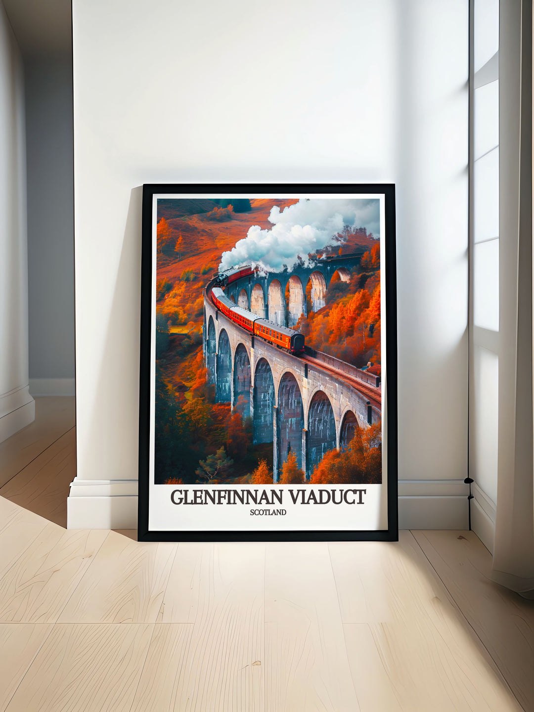 Home decor print featuring the Glenfinnan Viaduct, highlighting the scenic views and historical charm of this famous Scottish landmark, a wonderful addition for any room.