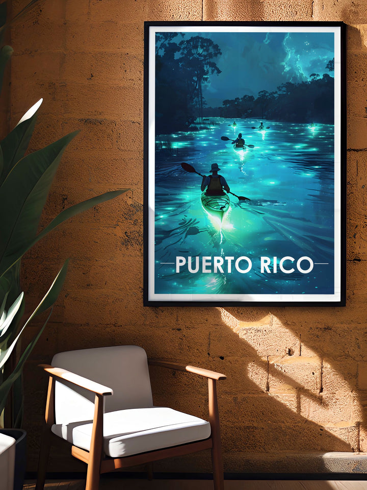 Beautiful Arecibo travel poster showcasing Bioluminescent Lakes and vibrant cityscapes. Perfect for home decor or as a unique gift, this vintage print highlights Arecibos enchanting beauty, bringing a touch of Puerto Ricos magic to any space.