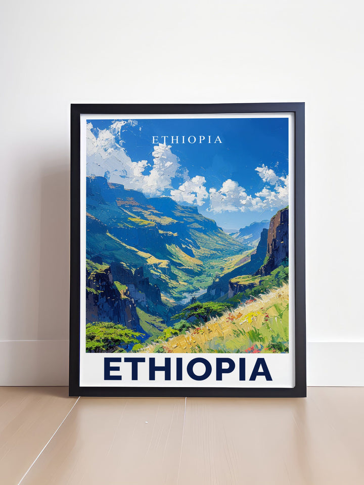 Ethiopia Poster of the Simien Mountains displaying the grandeur and natural beauty of this iconic region a standout piece for any space blending modern design with the awe inspiring scenery of Ethiopia