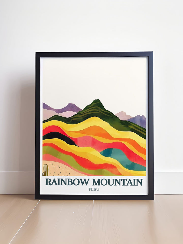 Elegant Rainbow Mountain art print showcasing the majestic beauty of the Cusco region Andes Mountains perfect for modern decor and Peru inspired artwork.