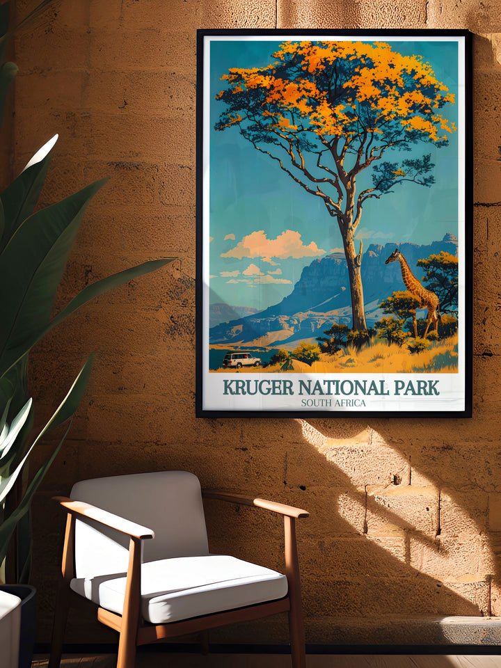This art print features the picturesque Kruger National Park, capturing its diverse wildlife and stunning landscapes. Ideal for those who love serene settings and natural beauty, this poster brings the charm of Africa into your decor.