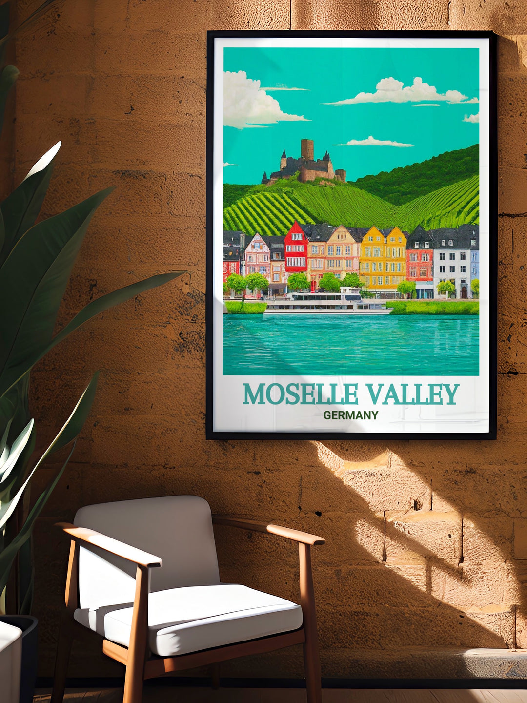 Experience the beauty of Moselle Valley with this modern print featuring Bernkastel Kues. Perfect for Germany decor this art print adds elegance to living rooms and offices creating a stunning focal point in any space.