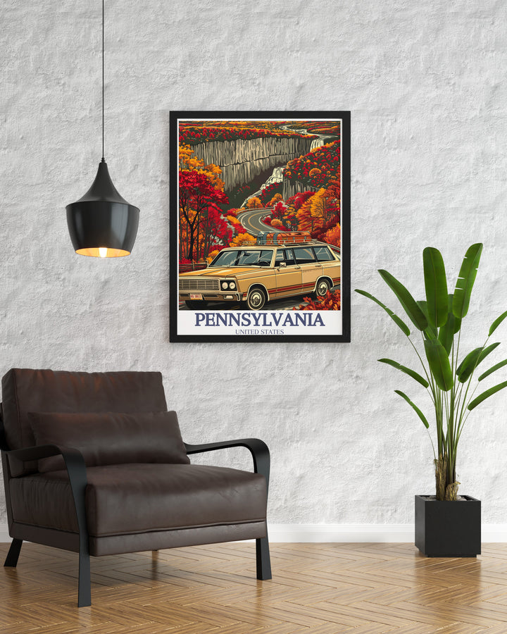 Ricketts Glen State Parks iconic waterfalls and the peaceful Glens Natural Area are captured beautifully in this Pennsylvania poster. Perfect as a gift or home decor, this print showcases the natural wonders of the Keystone State in every detail.