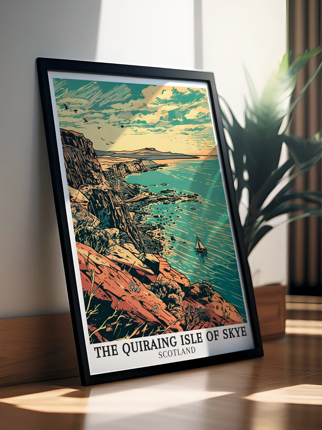 Elegant framed print of The Quiraing Skye featuring the dramatic peaks of Trotternish Ridge and the stunning landscape of Staffin Bay capturing the essence of Scottish hiking trails and breathtaking scenery.