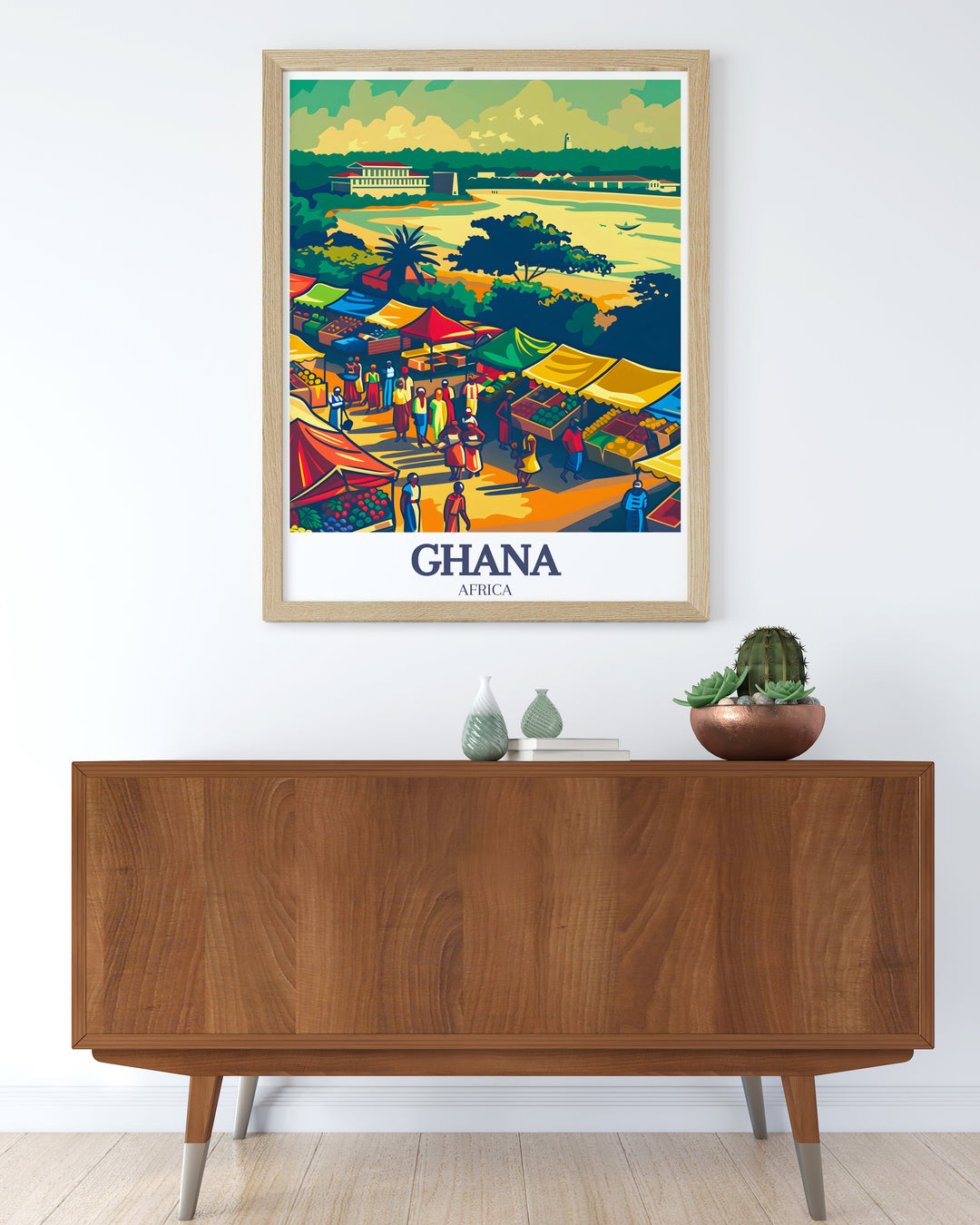 Discover the vibrant energy of Accra, Ghana, through this stunning travel poster featuring the bustling Makola Market and the citys skyline. This art print is perfect for adding a touch of African culture to your home décor or for gifting someone who loves travel and exploration.