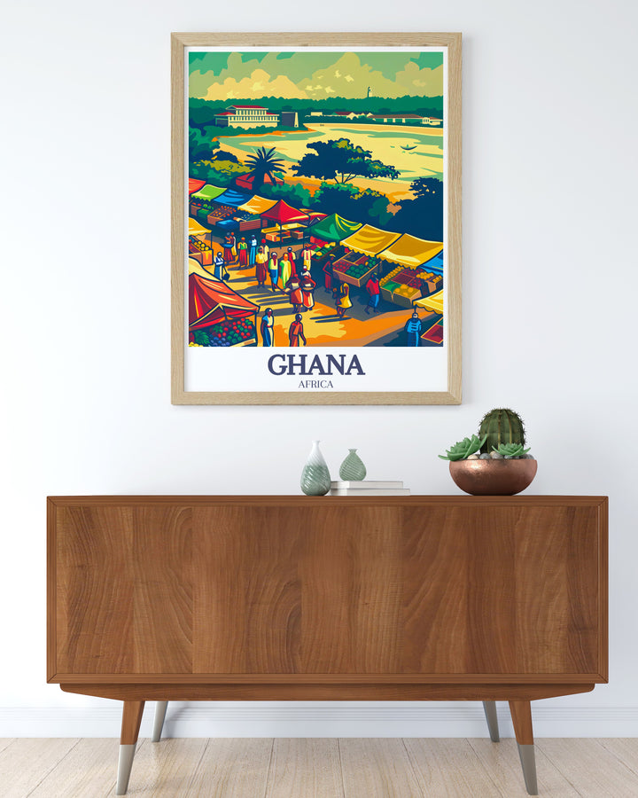 Discover the vibrant energy of Accra, Ghana, through this stunning travel poster featuring the bustling Makola Market and the citys skyline. This art print is perfect for adding a touch of African culture to your home décor or for gifting someone who loves travel and exploration.