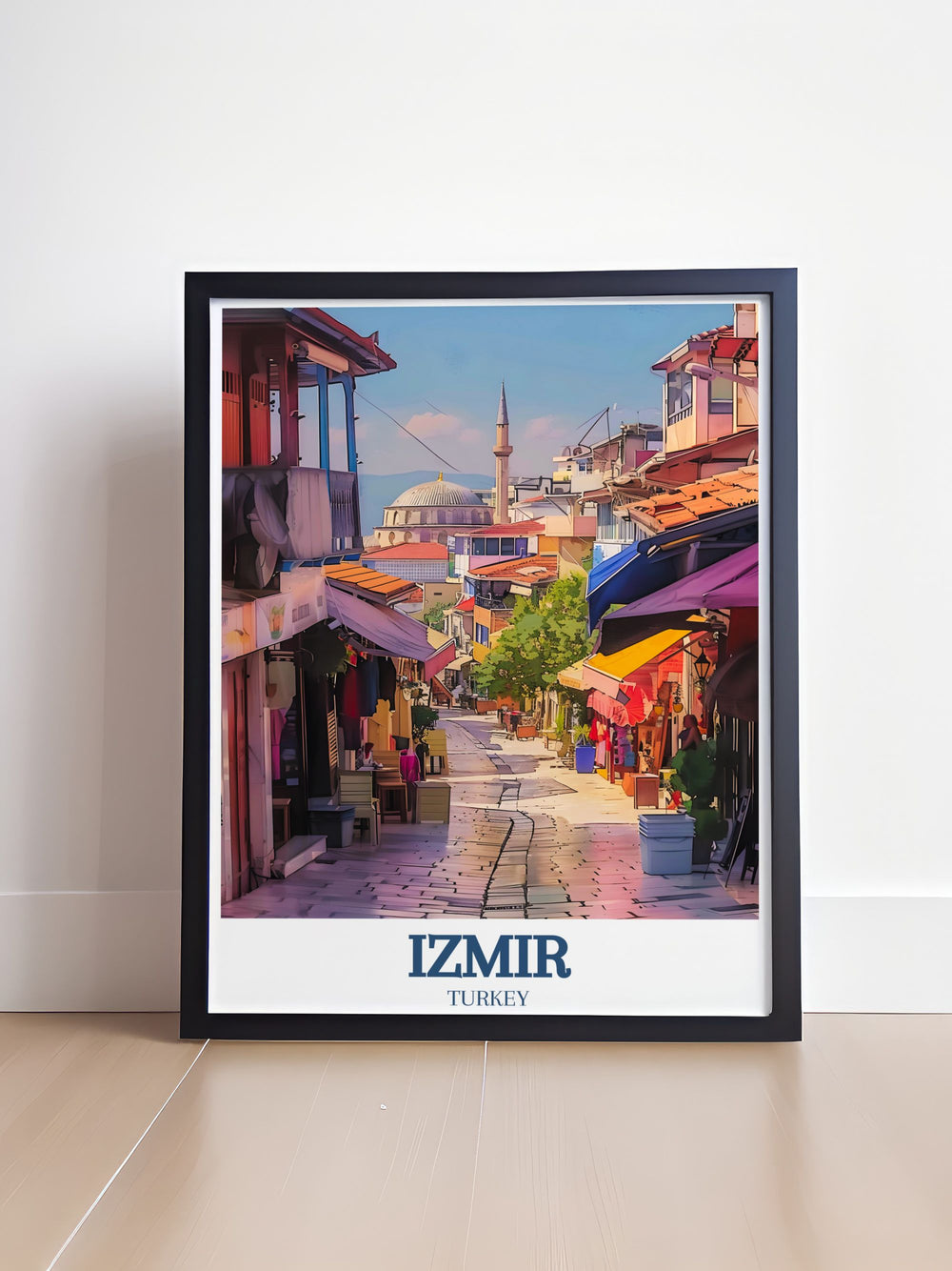 The dynamic energy of Kemeralti Bazaar and the architectural beauty of Başdurak Mosque are showcased in this detailed art print, perfect for adding a touch of Izmirs charm to your home decor.