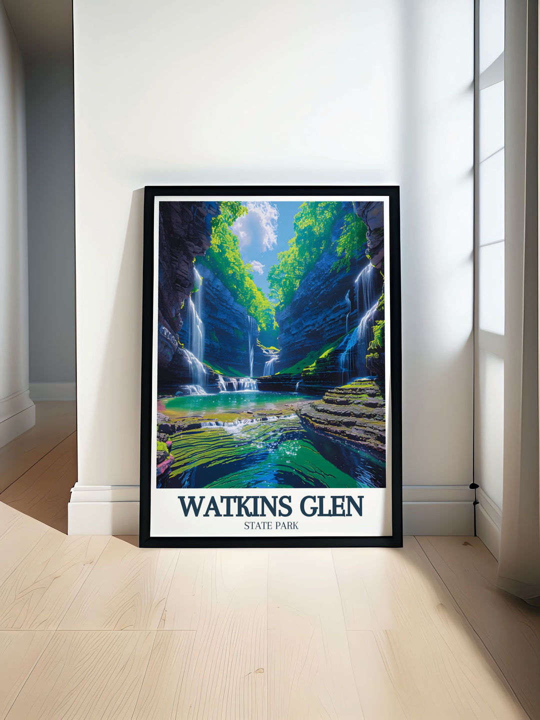 Historic natural wonders come to life with this framed art of Watkins Glen State Park. The detailed artwork captures the parks timeless beauty and geological significance, making it a great choice for adding a touch of New Yorks natural heritage to your decor. Its an elegant reminder of the states cherished parks and geological history.