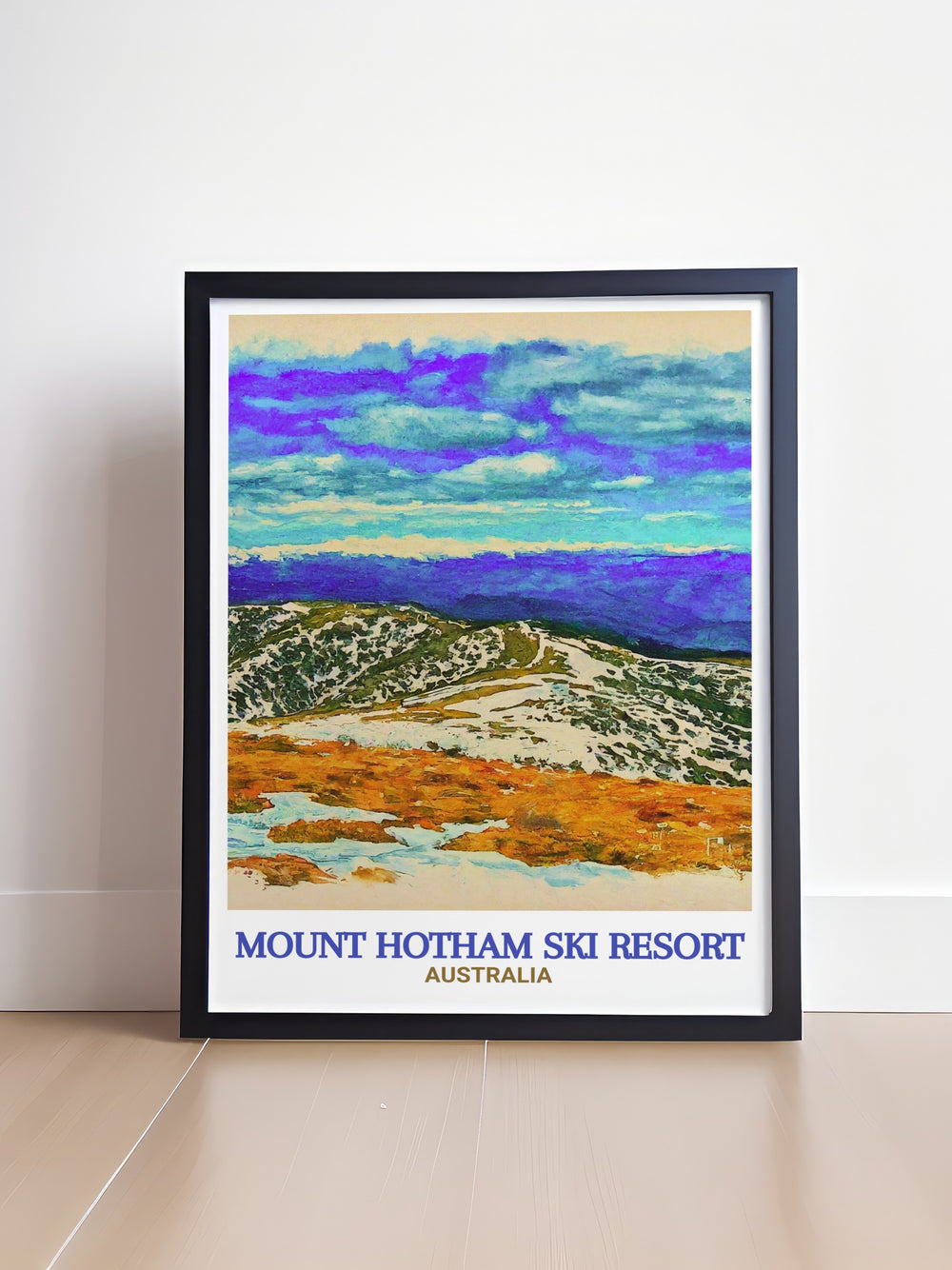 This Mount Hotham travel print offers a detailed portrayal of the ski resort and the surrounding alpine landscape, including the majestic Mount Hotham Summit. The artwork beautifully captures the essence of Australias premier ski destination and is a must have for adventure lovers.