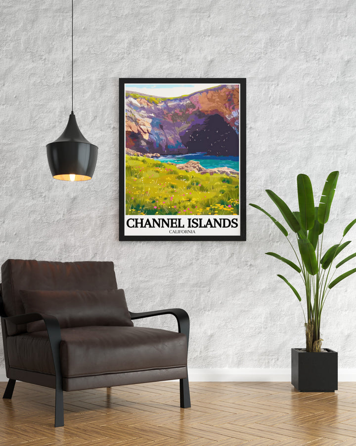 Beautiful framed print of Santa Rosa Island, Torrey Pines groves combining vintage charm with modern aesthetics a must have for any collector of National Park art and California posters.