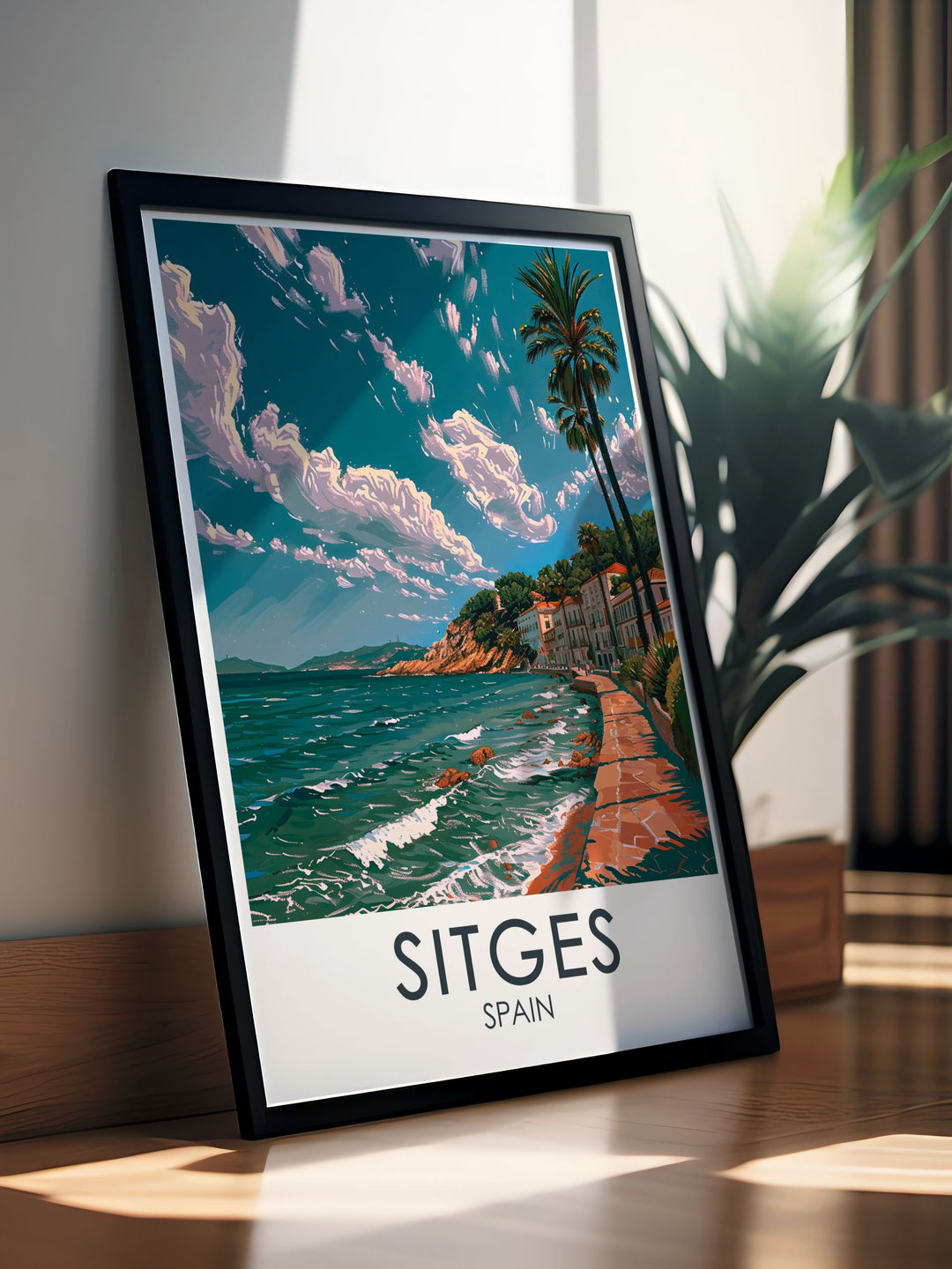 This Spain travel poster captures the peaceful charm of the Sitges Promenade, offering a serene yet vibrant depiction of Spains Mediterranean coast. Perfect for coastal decor, this artwork brings the beauty of Spain into any living space.