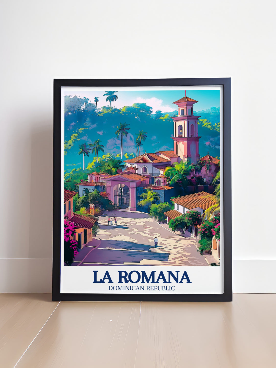 Stunning travel poster print showcasing the Mediterranean inspired village of Altos de Chavón in La Romana, capturing the essence of Caribbean culture and architecture. Ideal for anyone looking to add a touch of island charm to their home décor.