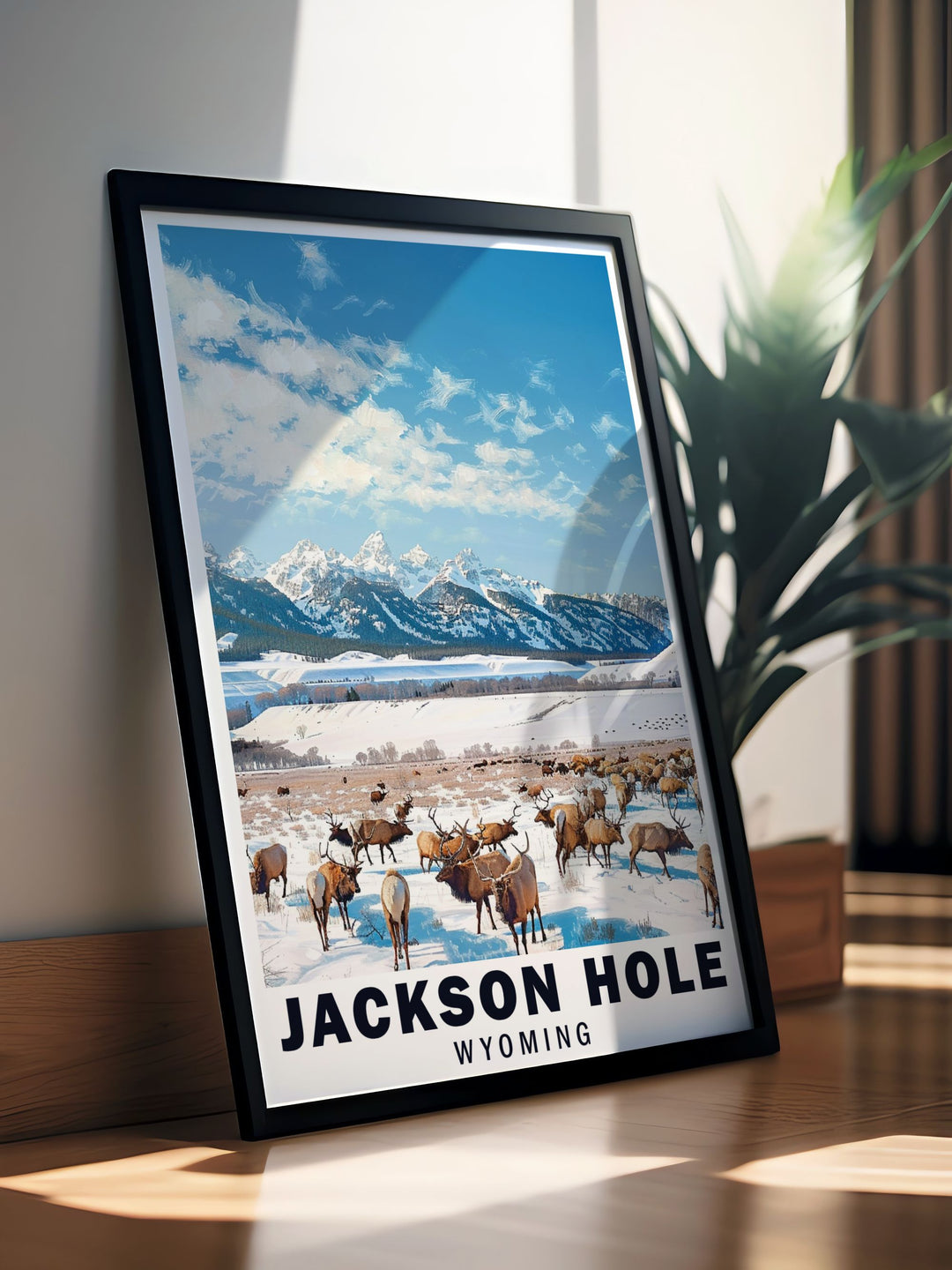 Highlighting the rugged peaks of Jackson Hole and the serene refuge of the elk, this travel poster brings the essence of Wyomings wilderness into your living space.