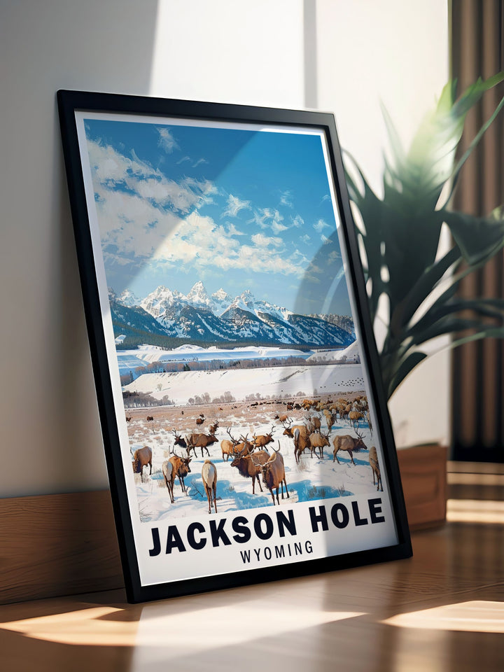 Our Jackson Hole canvas art celebrates the contrast between the rugged ski resort and the calm of the National Elk Refuge. This Wyoming travel print is a great way to bring the beauty of the American West into your living space or office.