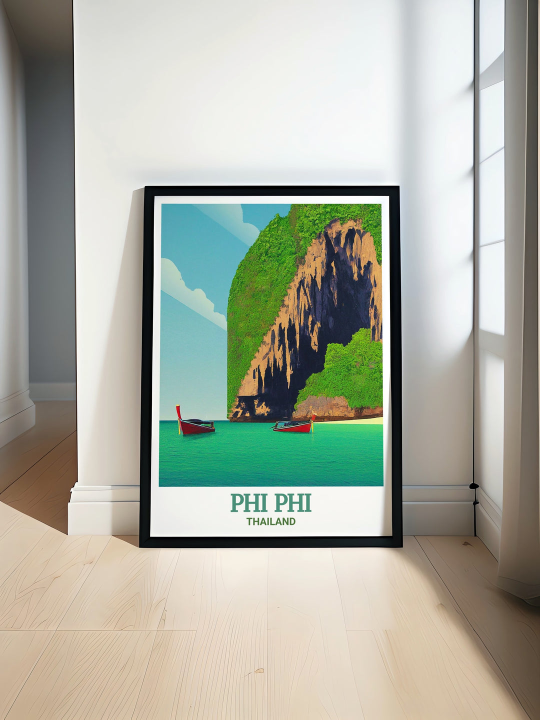 Thailand travel print illustrating the captivating scenery of the Phi Phi Islands and the historic Viking Cave, offering a unique blend of adventure and serenity. This wall poster is a must have for anyone who dreams of exploring Thailands hidden gems.