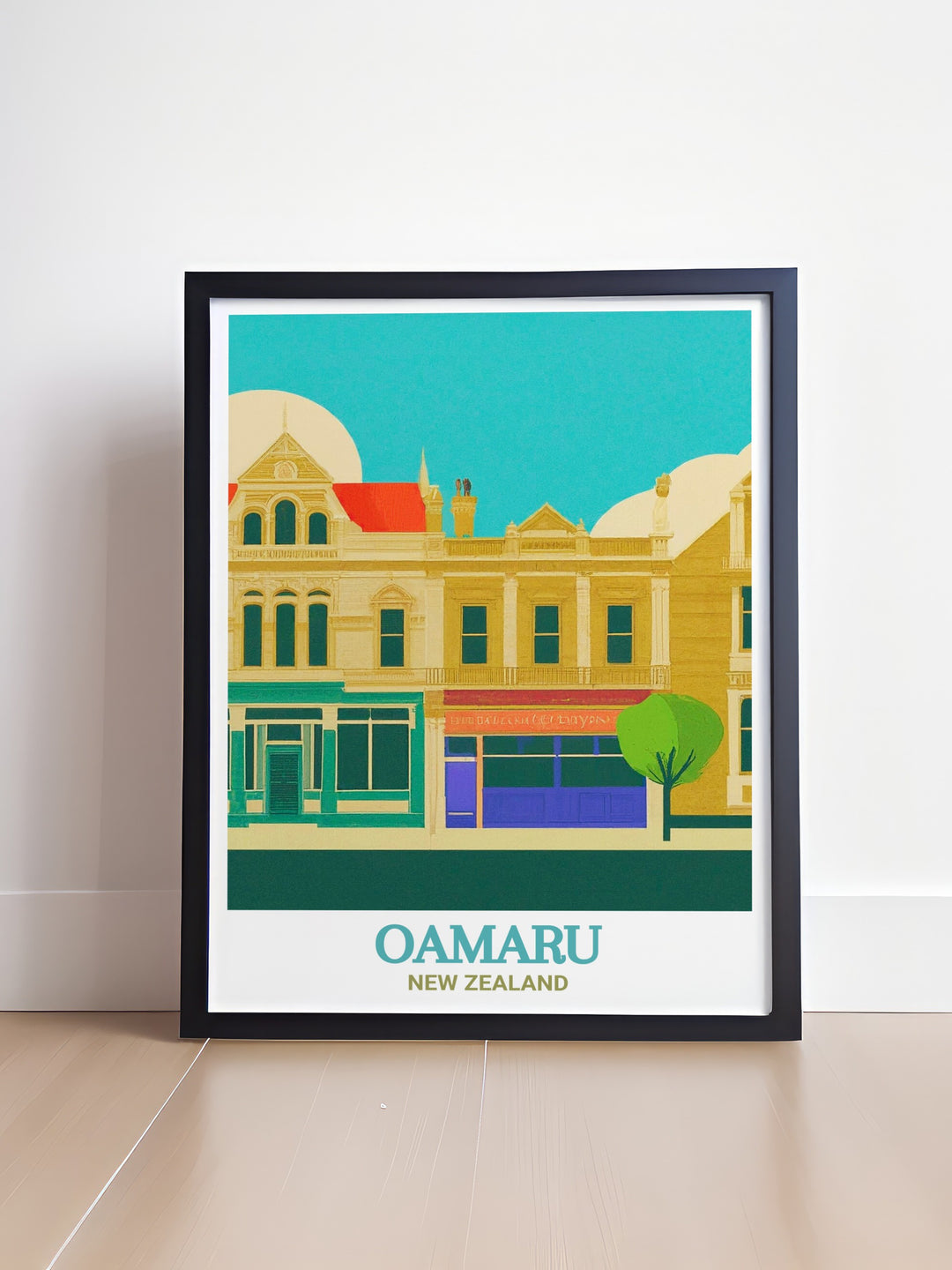 Oamaru Poster Print featuring the historical Victorian Precinct in New Zealand. This artwork captures the elegant architecture and charming streets, bringing a piece of New Zealands rich history and Victorian charm into your home decor.