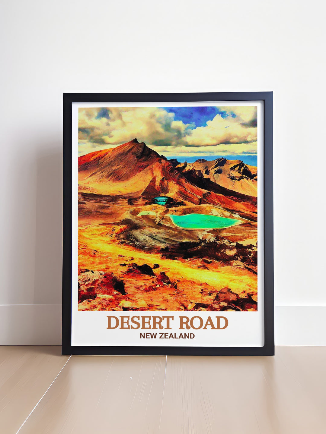 The Desert Road Print features bold and dynamic colors that evoke a sense of exploration paired with Tongariro National Park Framed Prints which provide a serene and calming visual experience perfect for enhancing any living room or office decor.