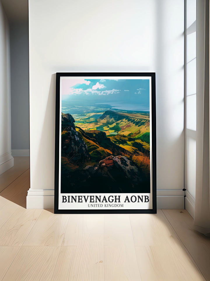 Binevenagh Woodlands Lough Foyle art print showcasing the tranquil landscapes of Northern Ireland featuring Binevenagh Mountain and the lush Antrim Plateau perfect for any home or office decor