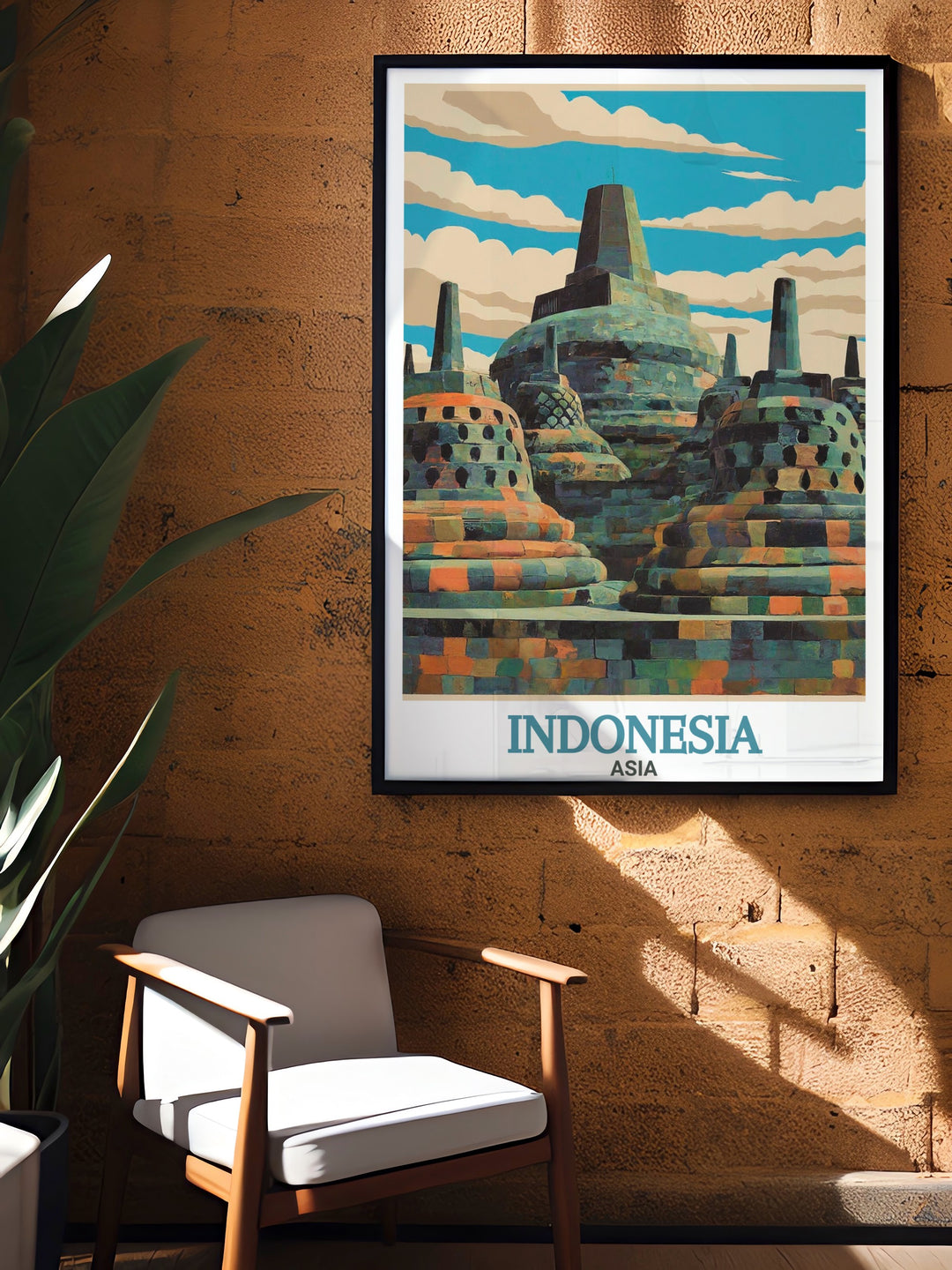 Borobudur Temple, the worlds largest Buddhist temple, is showcased alongside Balis exotic charm in this travel poster. A perfect gift for those who appreciate Indonesias heritage, this print is ideal for bringing a touch of global beauty into your home.