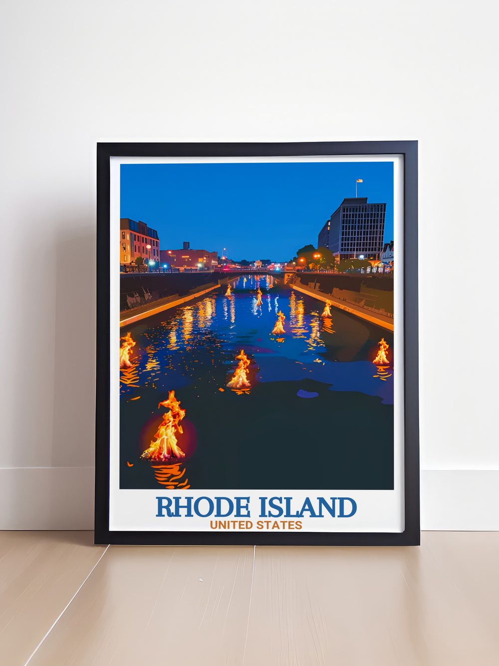 Rhode Island WaterFire art print capturing the vibrant glow of fire and water during the famous Providence festival. This artwork is the perfect addition to any wall, offering a creative and cultural representation of Rhode Islands artistic heritage.