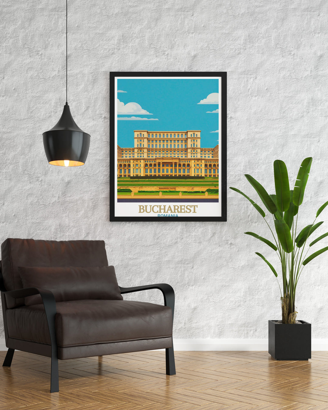 This Bucharest poster print captures the grandeur of Romanias Palace of the Parliament and the citys skyline. The perfect travel print for those who admire European architecture, this artwork brings the heart of Bucharest and Romanias history into your home décor.