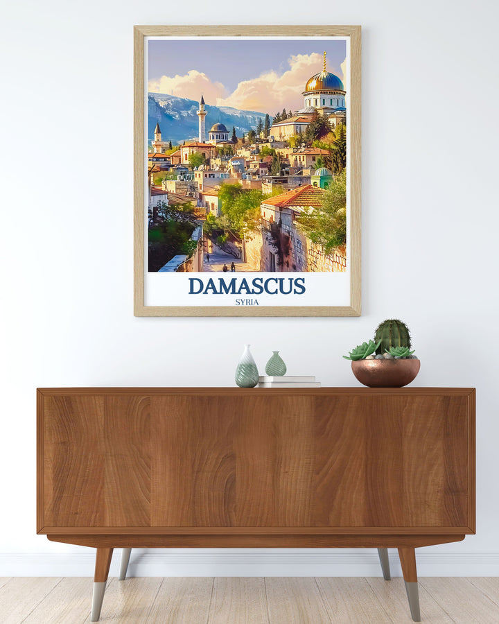 Vintage poster capturing the vibrant street life of the Christian Quarter in Damascus, perfect for those who appreciate the cultural diversity and historic charm of the city.