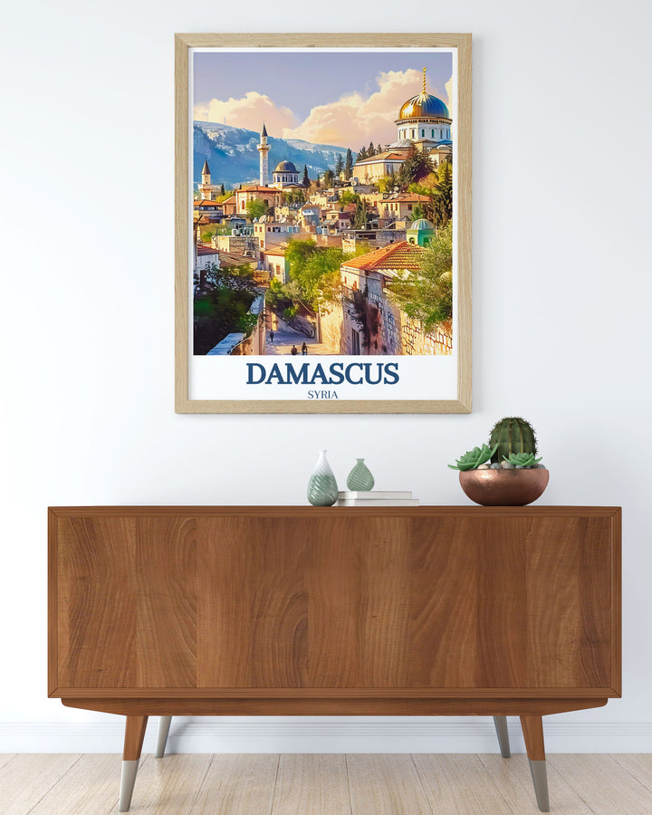 A striking Damascus poster featuring the skyline of the Old City and the historic Christian Quarter, capturing the architectural beauty of this ancient city. Perfect for those who love global travel and cultural heritage, this print is a stunning addition to any space.