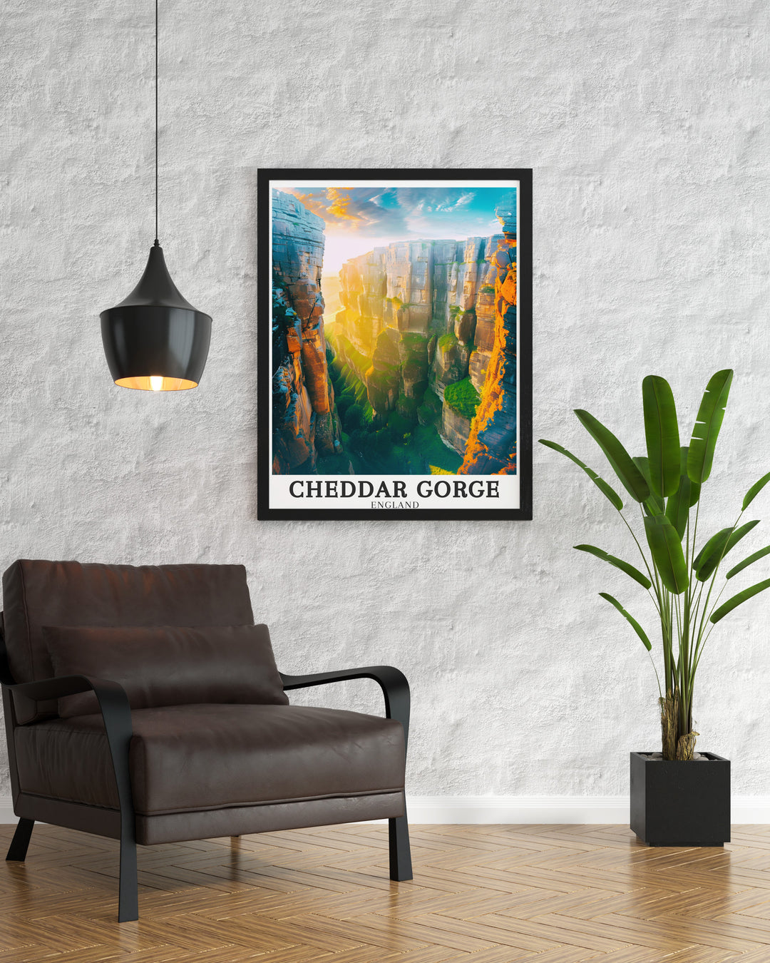 Cheddar Gorge wall poster featuring the iconic cliffs and peaceful Cheddar Yeo, making it an excellent travel gift for anyone who appreciates the British countryside.