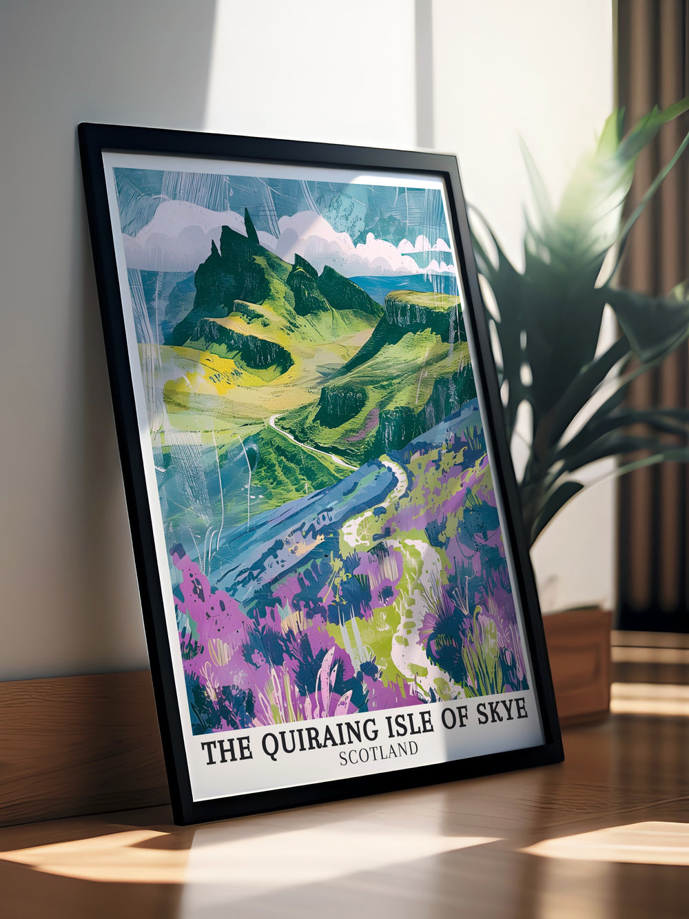 Elegant framed print of The Quiraing Skye capturing The Table and the dramatic Trotternish Ridge offering a beautiful view of Scotlands highlands and inviting a touch of adventure into your living space with its captivating design.