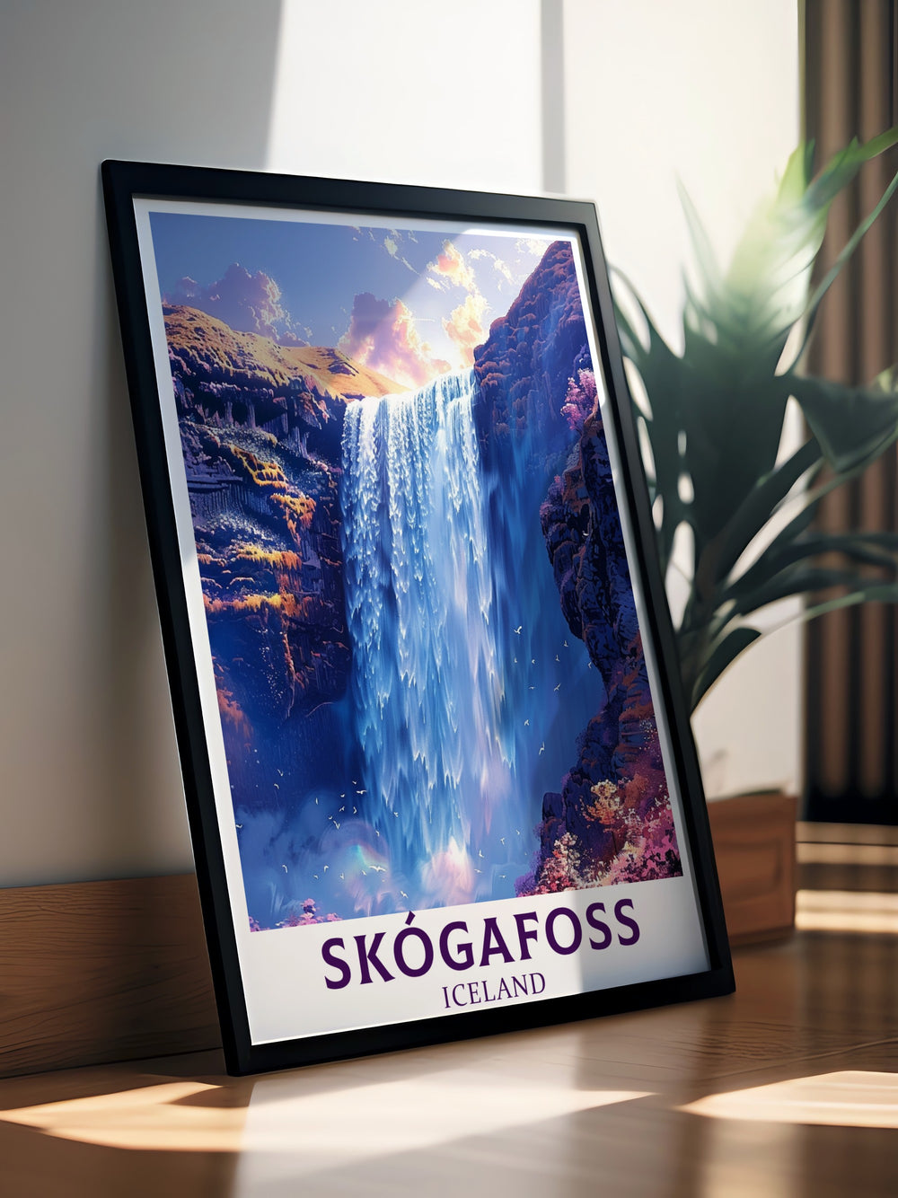 Detailed Skogafoss Waterfall Poster Print capturing the impressive power and grandeur of Icelandic landscapes featuring the dynamic flow of water over cliffs creating a beautiful representation of the Golden Circle and Blue Lagoon Iceland ideal for adding sophistication to your living space with Waterfall Modern Decor