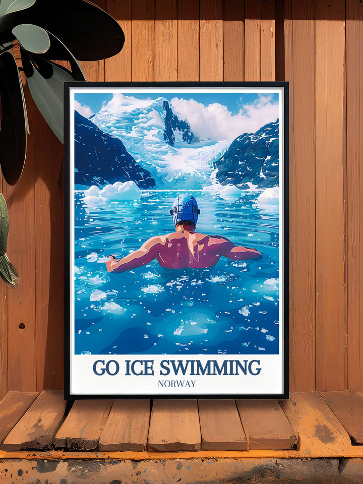 This Wild Swimming Print highlights the adventurous spirit of Norways Lofoten Islands, making it an ideal gift for anyone who loves outdoor sports and cold water swimming.