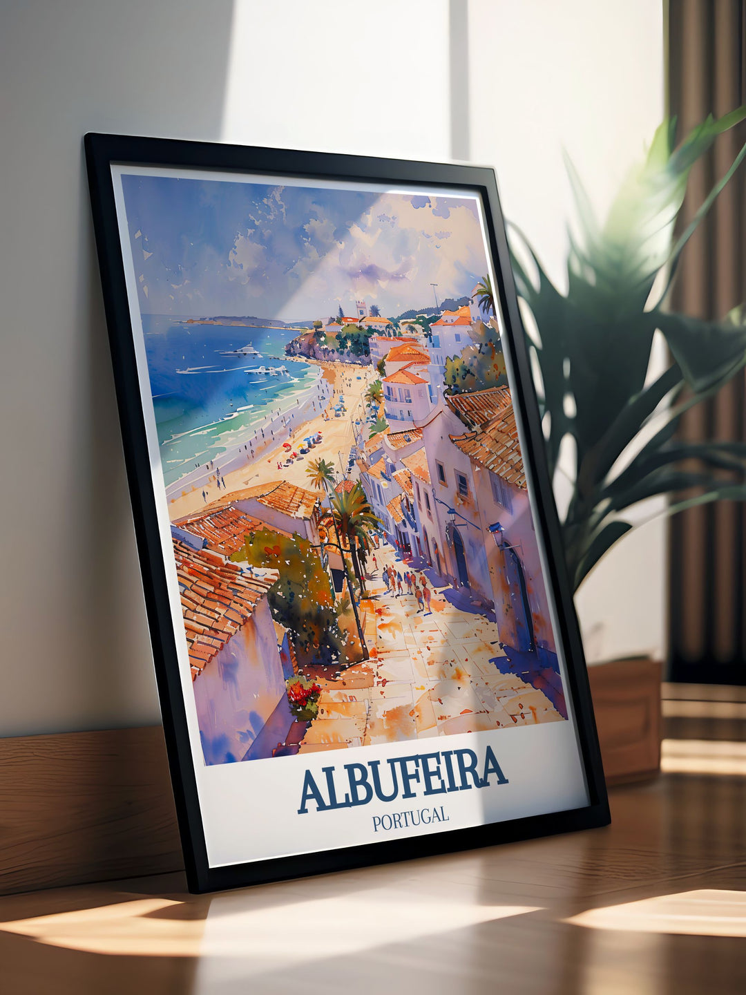 Vintage travel poster of Albufeira, Portugal, highlighting the picturesque Praia da Oura, ideal for adding a touch of coastal charm to any space.