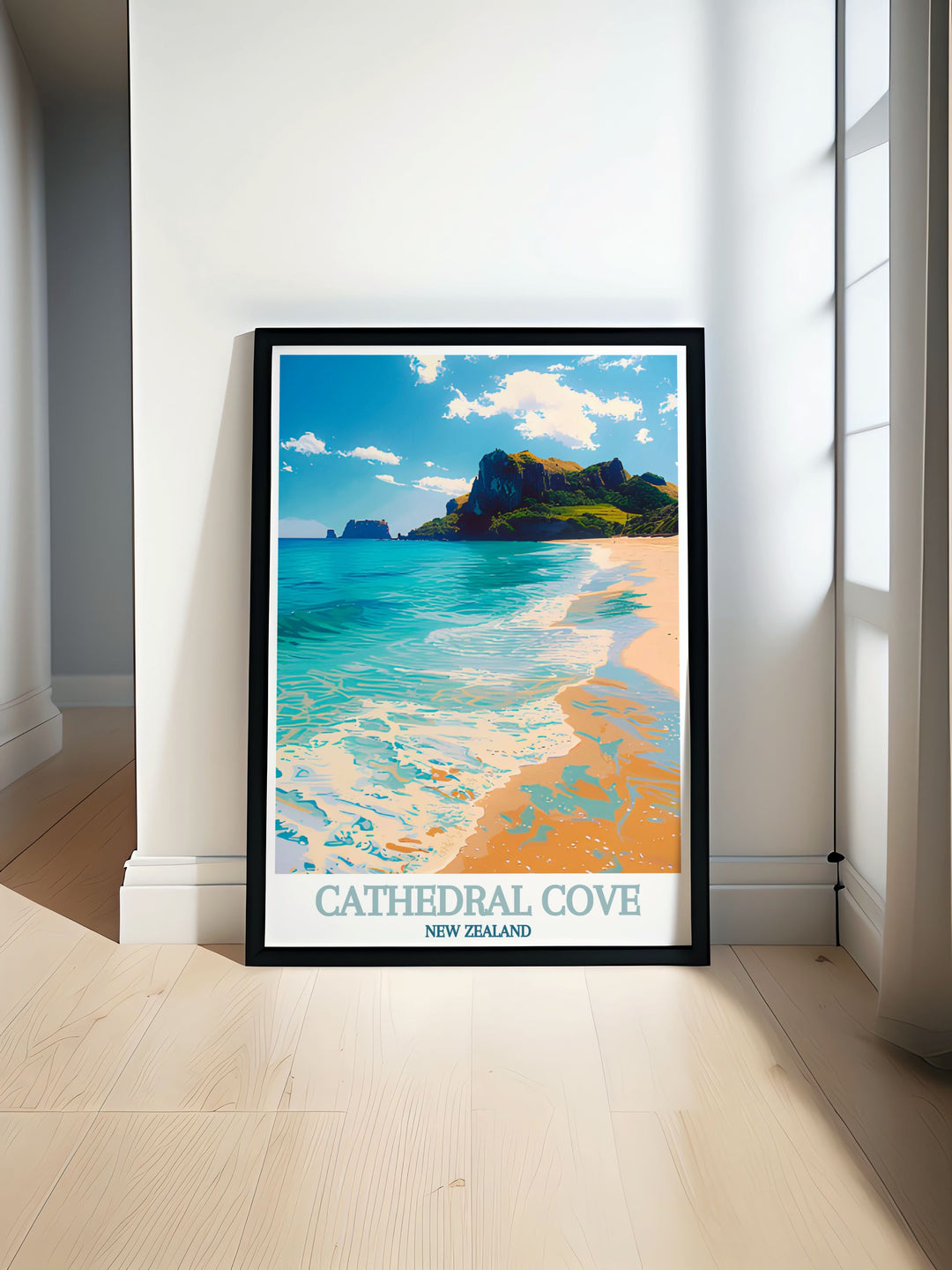 A serene beach scene at Cathedral Cove, capturing the peaceful atmosphere and stunning coastal landscape.