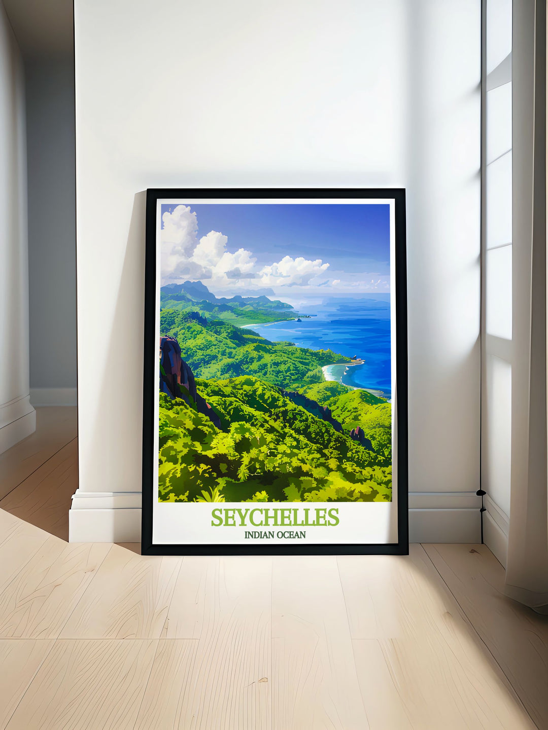 Featuring the serene waters of the Indian Ocean, this poster showcases the tranquil beauty of Seychelles, offering a glimpse into one of the worlds most unique natural wonders.