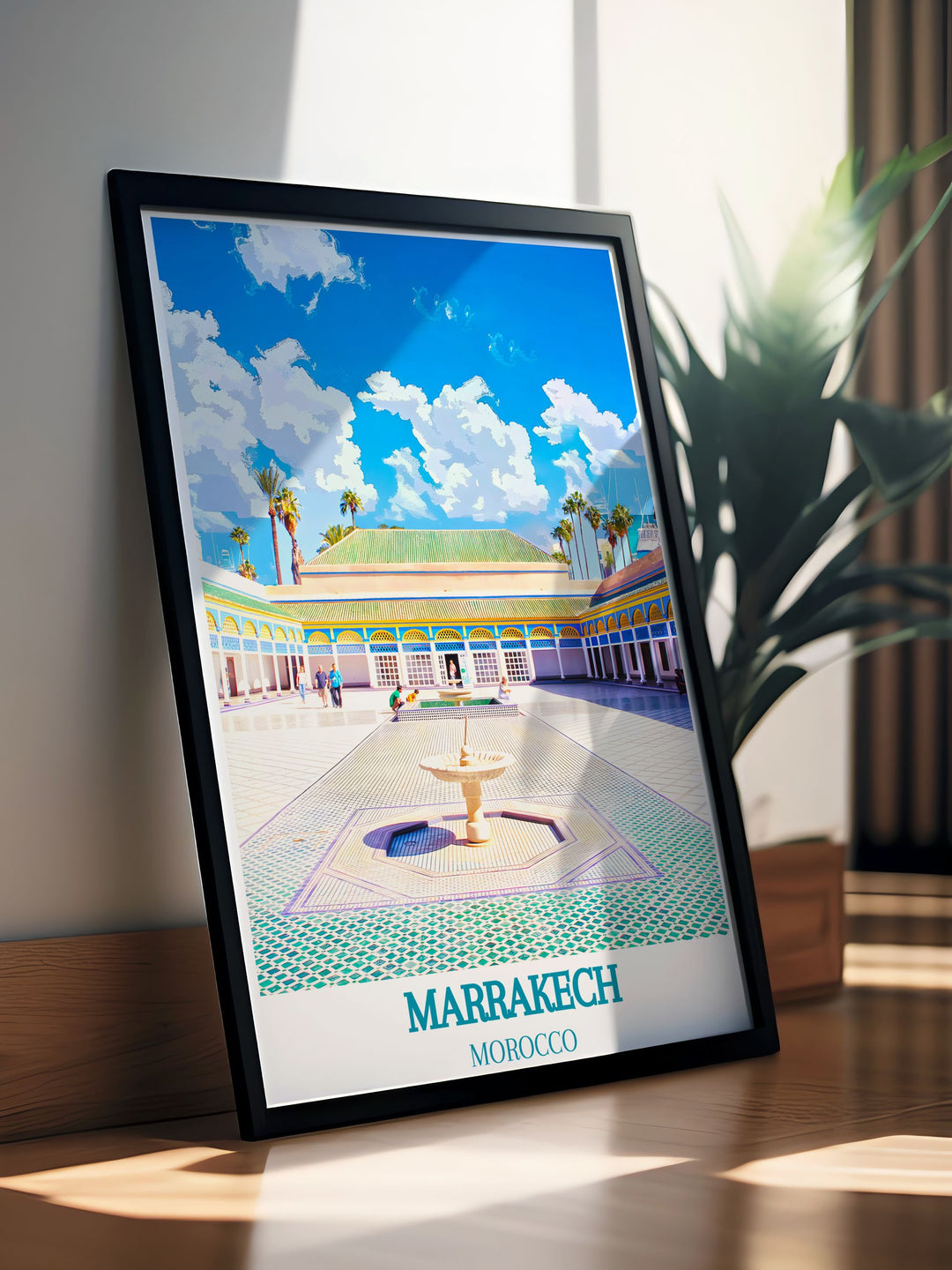 This vibrant art print of Marrakech highlights the citys dynamic spirit and stunning landscapes, making it a standout piece for those who appreciate diverse cultural environments.