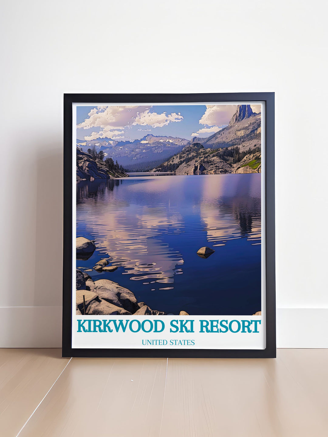 Beautiful wall art print of Caples Lake showcasing the lakes stunning reflections of the surrounding mountains and forest. The print adds a touch of elegance and tranquility to any room, making it an ideal choice for home decor or office spaces.