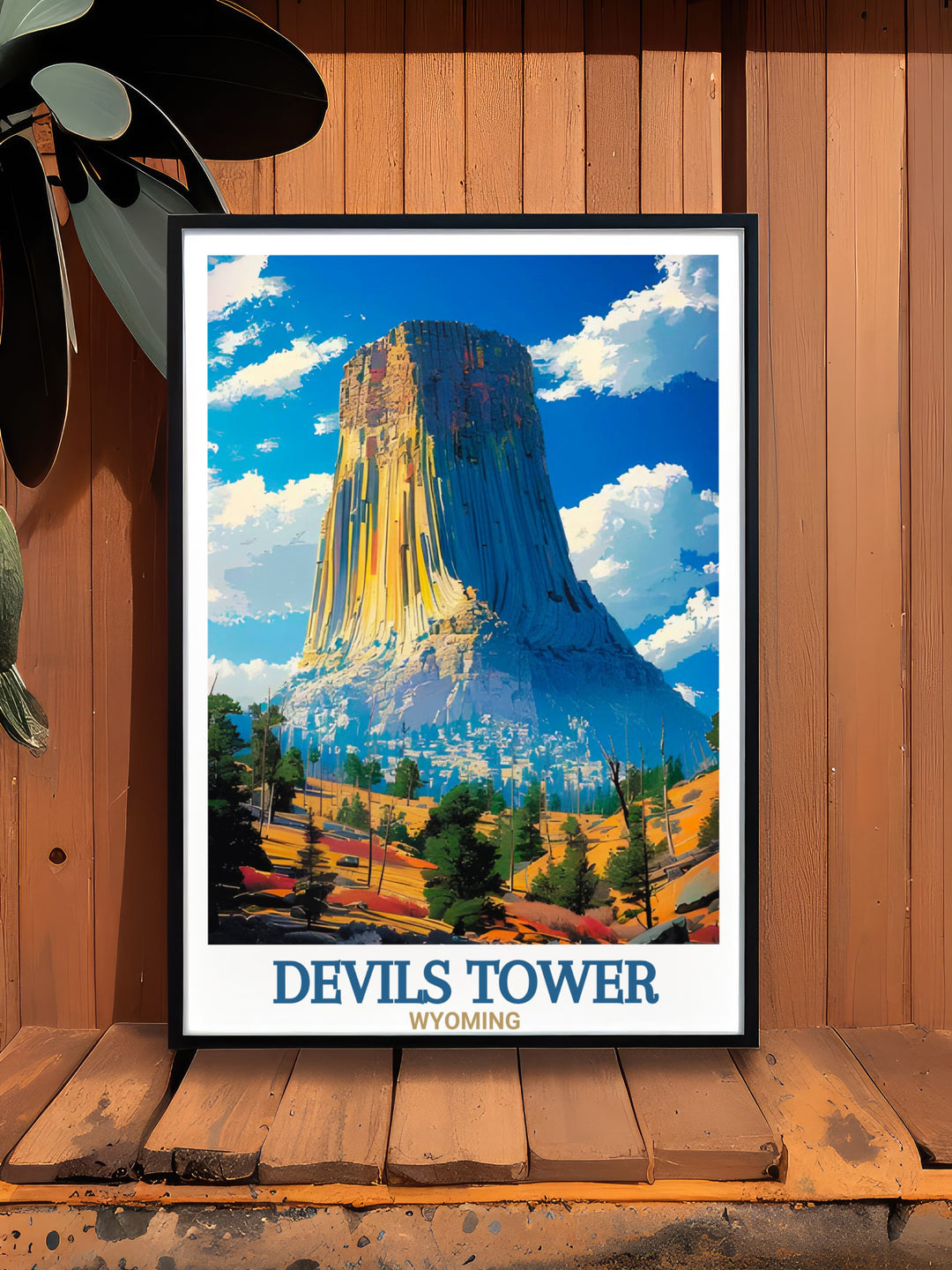 Devils Tower National Monument art print featuring the towering Wyoming rock formation. This beautiful Devils Tower poster adds a natural touch to any home and makes an ideal gift for those who admire iconic landmarks and the beauty of the American outdoors.