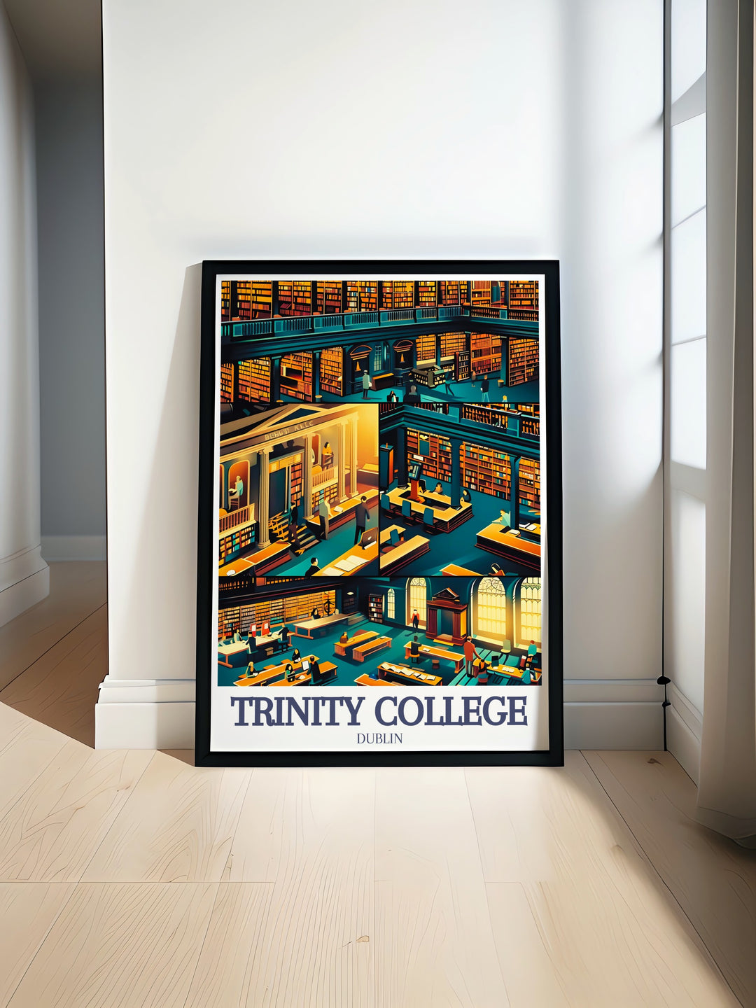 Step into the world of Trinity College with this travel print, showcasing the iconic library and the Book of Kells. Perfect for those who cherish Dublins academic history, this print adds elegance to any wall.