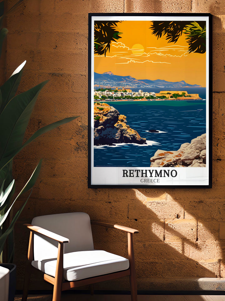 Discover the beauty of Greece with this Rethymno art print featuring the Fortezza Crete a perfect gift for anyone who loves Greece travel decor and elegant wall art bring a piece of Greece into your home with this stunning artwork