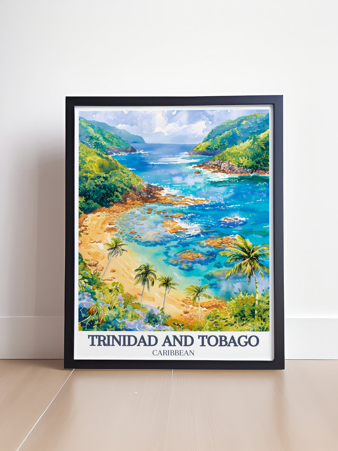 Our Caribbean travel print showcases the calm waters of Maracas Bay and the magical appeal of the Nylon Pool. Perfect for those dreaming of a tropical getaway, this framed artwork adds a splash of island beauty to your décor.