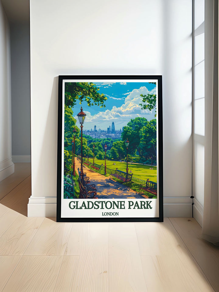Modern wall decor featuring Gladstone Park, highlighting its lush greenery and tranquil setting, great for bringing the serene beauty of one of Londons hidden gems into your home.