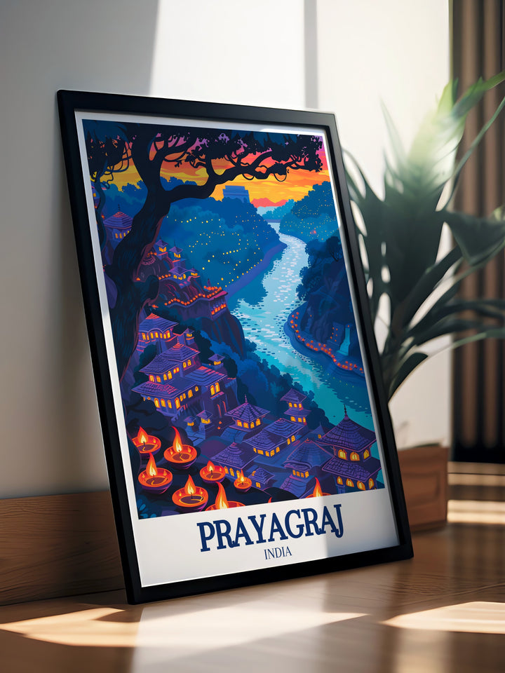 Diwali themed Prayagraj travel print showcasing the citys festive spirit during the festival of lights. The artwork captures the vibrant atmosphere of Diwali, with illuminated streets and historic landmarks like the Allahabad Fort, making it a beautiful addition to any festive decor.