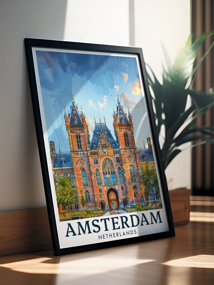 Colorful art of Amsterdam highlighting the Rijksmuseum. This Amsterdam colorful art piece is perfect for home decor and makes an excellent gift for any occasion. Celebrate the unique charm and history of Amsterdam with this beautiful artwork.
