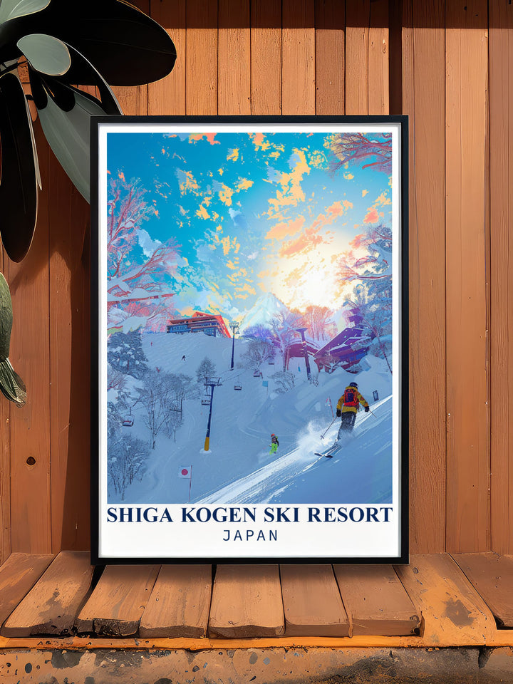 Shiga Kogen and the Japanese Alps are depicted in this travel poster, celebrating the iconic ski resort and the natural beauty of Nagano, Japan, perfect for winter adventure lovers.
